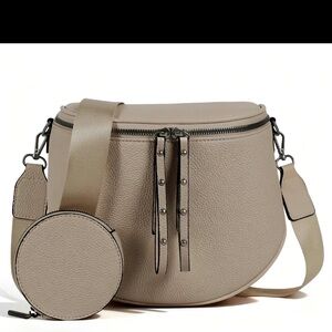 Beige Leather Crossbody Bag with Coin Pouch